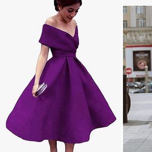 Off the Shoulder Satin Cocktail dress with Pockets